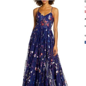 MAC DUGGAL FLORAL EMBROIDERED MESH INDIGO BLUE/MULTI sz 14